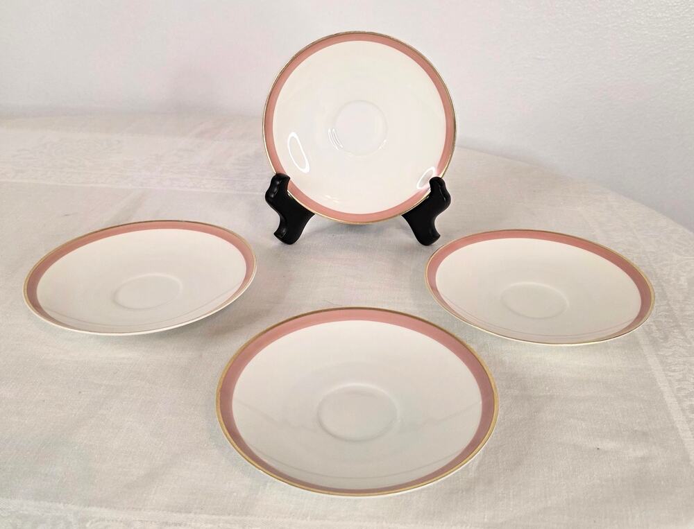 4 Vtg Arzberg #9896 White Pink & Gold Banded Saucers Germany Discontinued Retro
